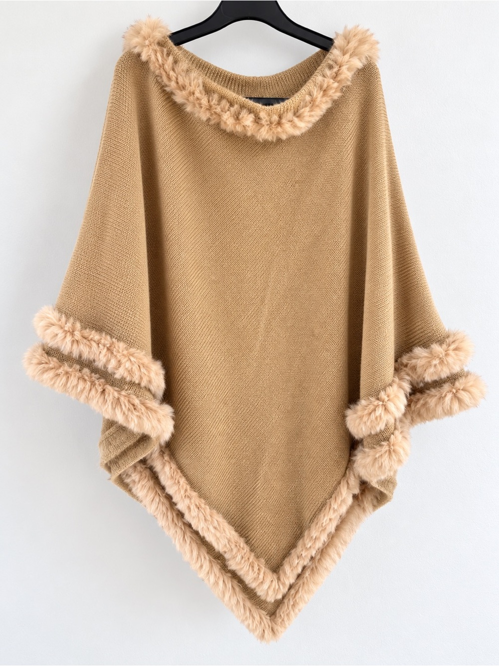 Cejon Beige Knit Poncho Cape Genuine Rabbit Fur Trim